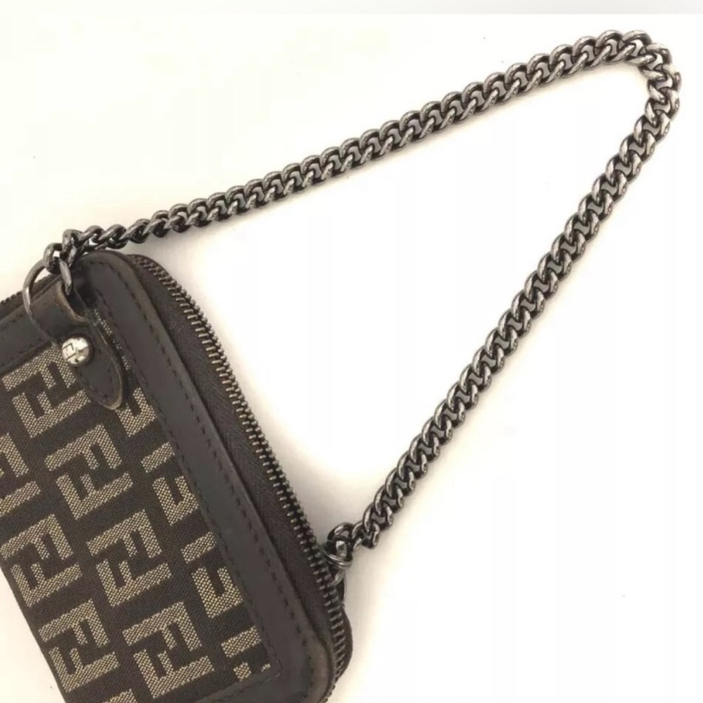 Fendi Zucchino Canvas Leather Coin Purse On Chain